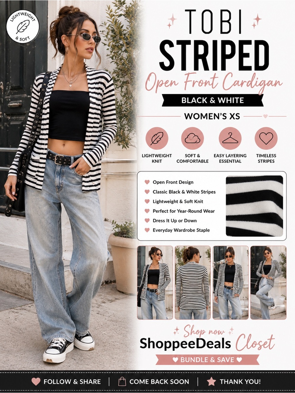 TOBI Black & White Striped Open Front Cardigan – Lightweight Knit – Women’s XS